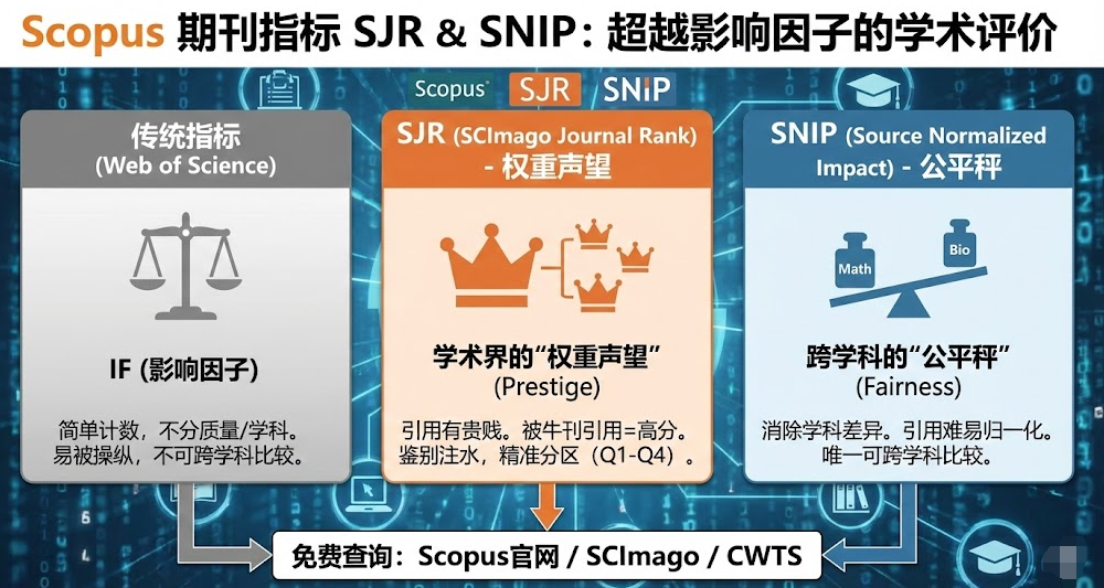 Scopus 期刊指标 SJR 和 SNIP 是什么？与影响因子 (IF) 的区别及选刊指南