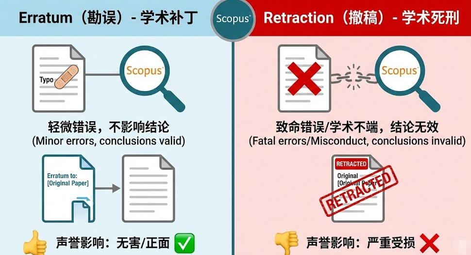 Scopus 数据库中 Erratum 和 Retraction 是什么意思？勘误与撤稿的区别解析