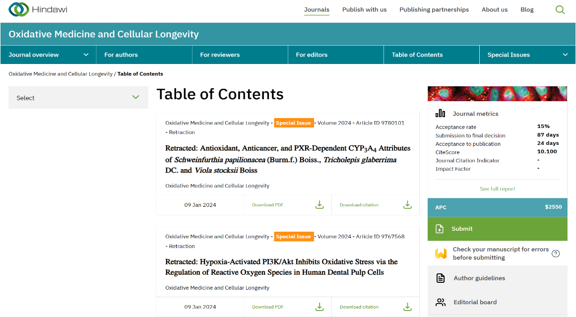 Hindawi旗下医学期刊Oxidative Medicine And Cellular Longevity 的撤稿信息