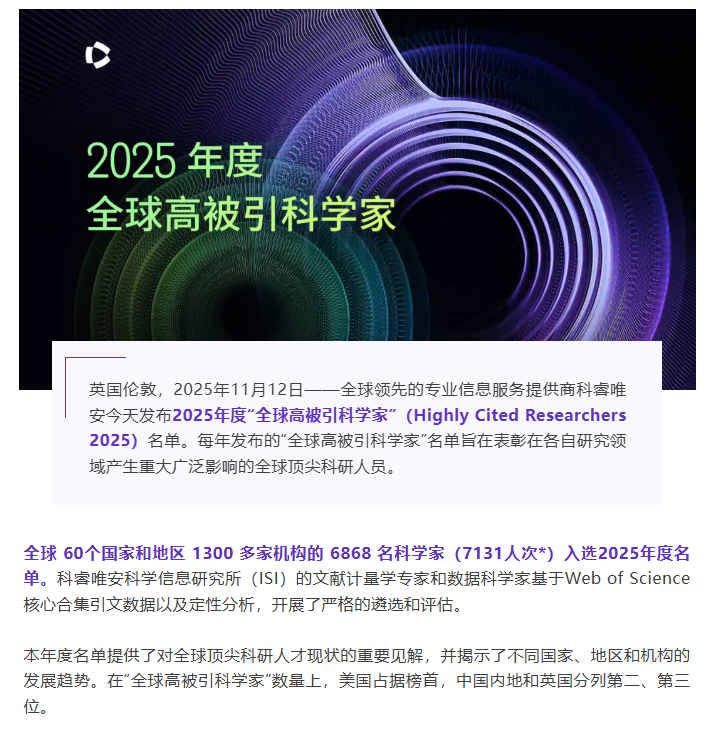 2025年度“高被引科学家”名单出炉