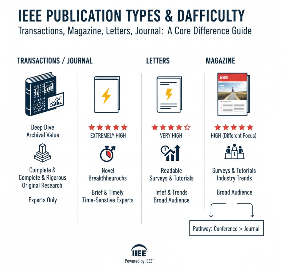 IEEE Transactions, Magazine, Letters, 和 Journal：核心区别与投稿难度全解析