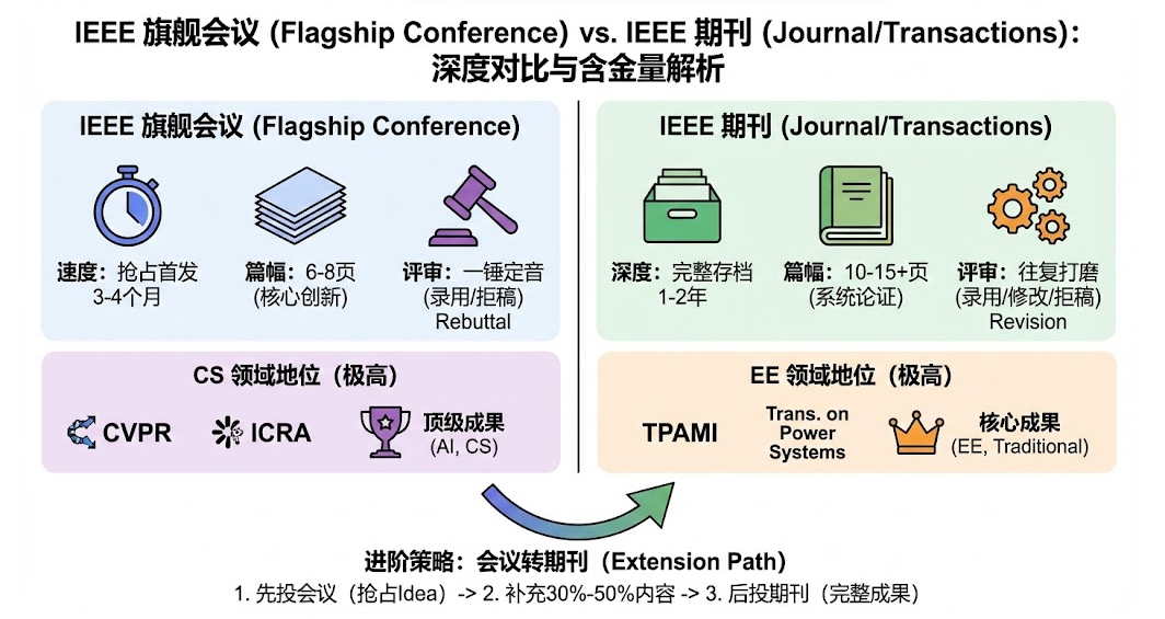 IEEE 旗舰会议与期刊论文区别详解：含金量、评审机制与 CS/EE 认可度对比