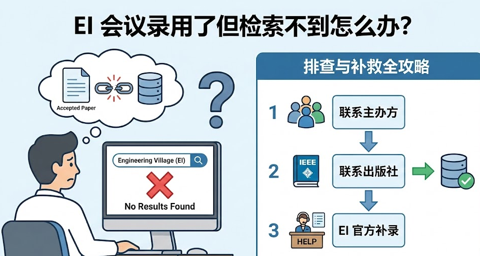 EI会议论文录用后检索不到怎么办？漏检排查步骤与补录