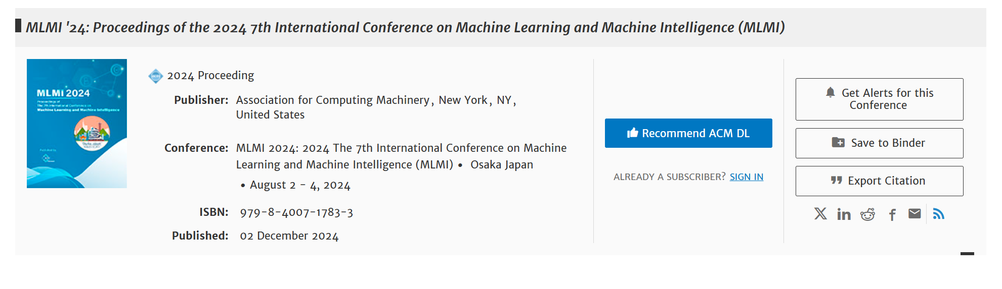 2026年第九届机器学习与机器智能国际会议