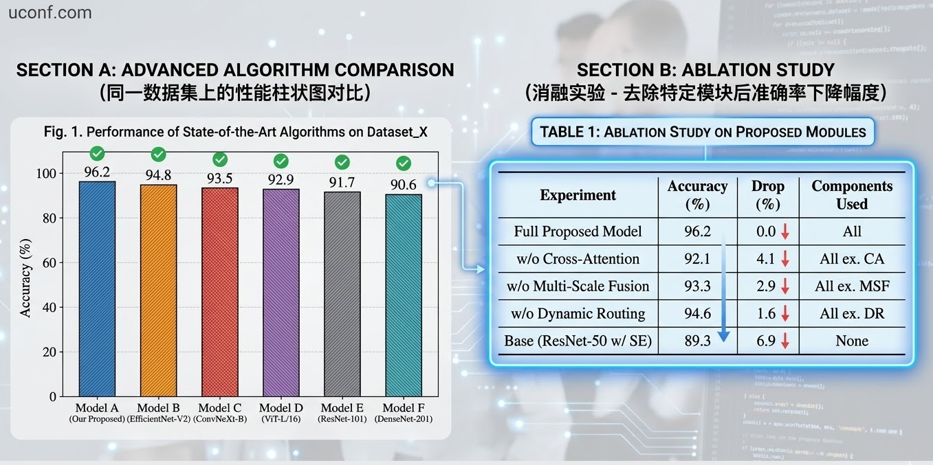 基准数据集对比与消融实验柱状图演示