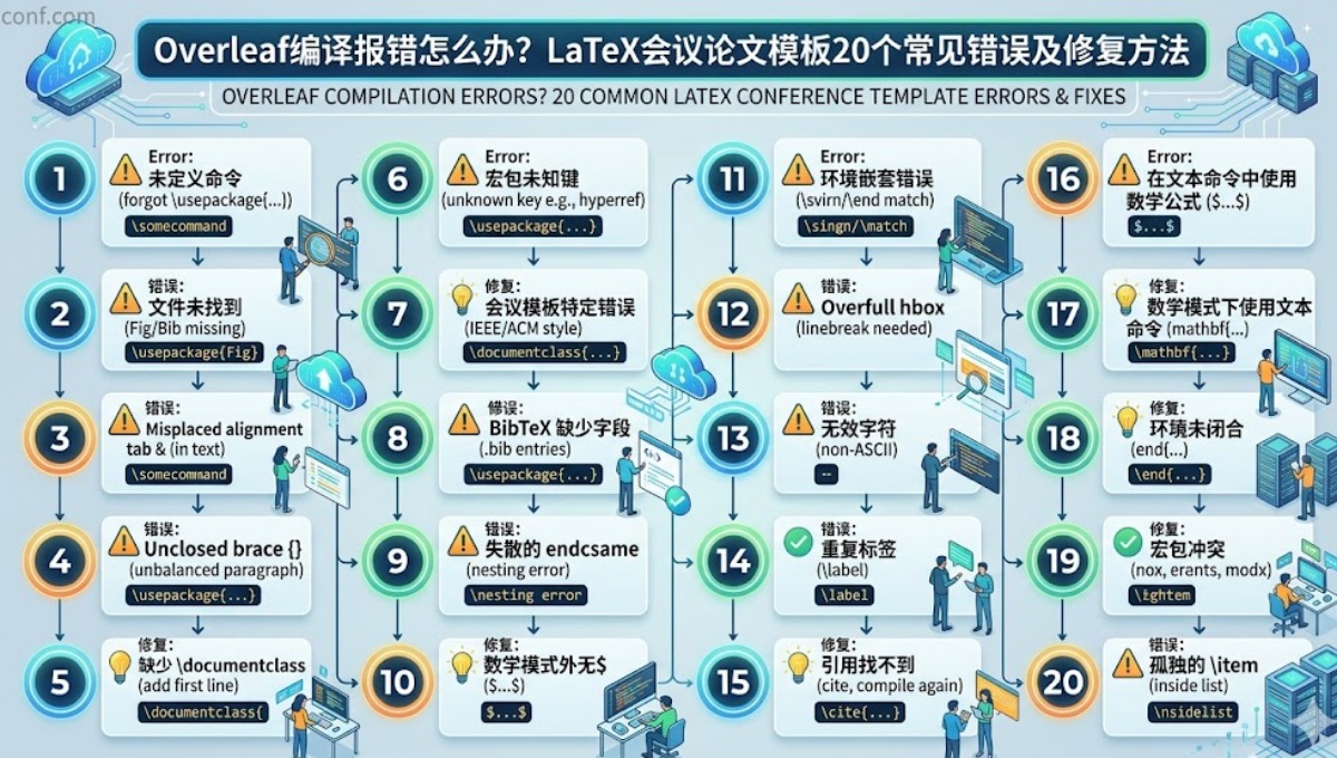 Overleaf编译报错怎么办？LaTeX会议论文模板20个常见错误及修复方法