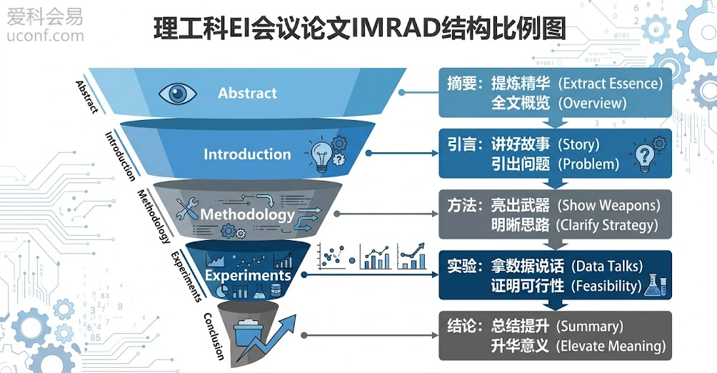 理工科全英文EI会议论文IMRAD标准写作框架结构与各部分字数比例图