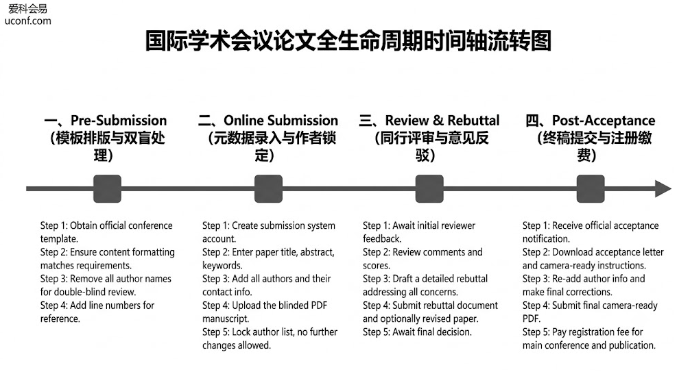 国际学术会议论文从初稿双盲排版、系统提交、同行评审(Rebuttal)到最终录用注册与Camera-Ready提交的全流程时间轴图解