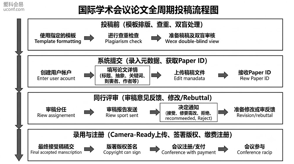 国际学术会议论文投稿全周期流程图解:包含初稿准备、系统提交、同行评审与Camera-Ready终稿注册四大核心操作阶段