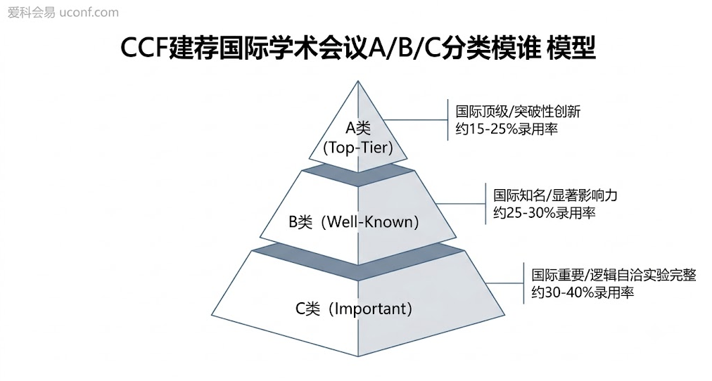 中国计算机学会(CCF)推荐国际学术会议A类、B类与C类在学术影响力、录用难度与科研成果含金量上的金字塔分级模型对比图