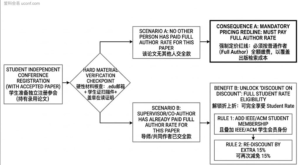 国际学术会议学生注册费优惠政策与硬性规则拆解图:详细解析了Student Rate的减免力度、所需在读证明材料,以及单篇论文必须绑定一张全额全款门票的行业铁律