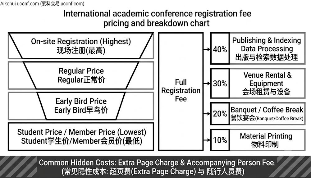 国际学术会议注册费定价梯度与成本构成解剖图:详细拆解了早鸟价、学生价的区别,以及注册费中包含的出版检索、宴会餐饮成本与超页费等隐性支出
