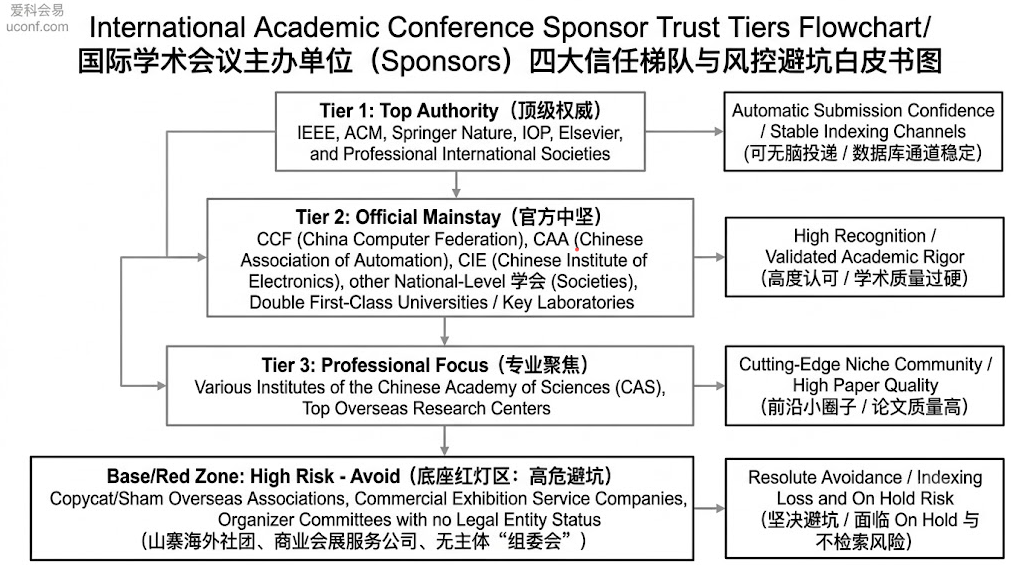 学术会议主办单位信任梯队与避坑指南图：详细拆解了IEEE/ACM等权威学会、双一流高校、中科院研究所与高危商业会展公司在学术背书与EI检索稳定性上的区别