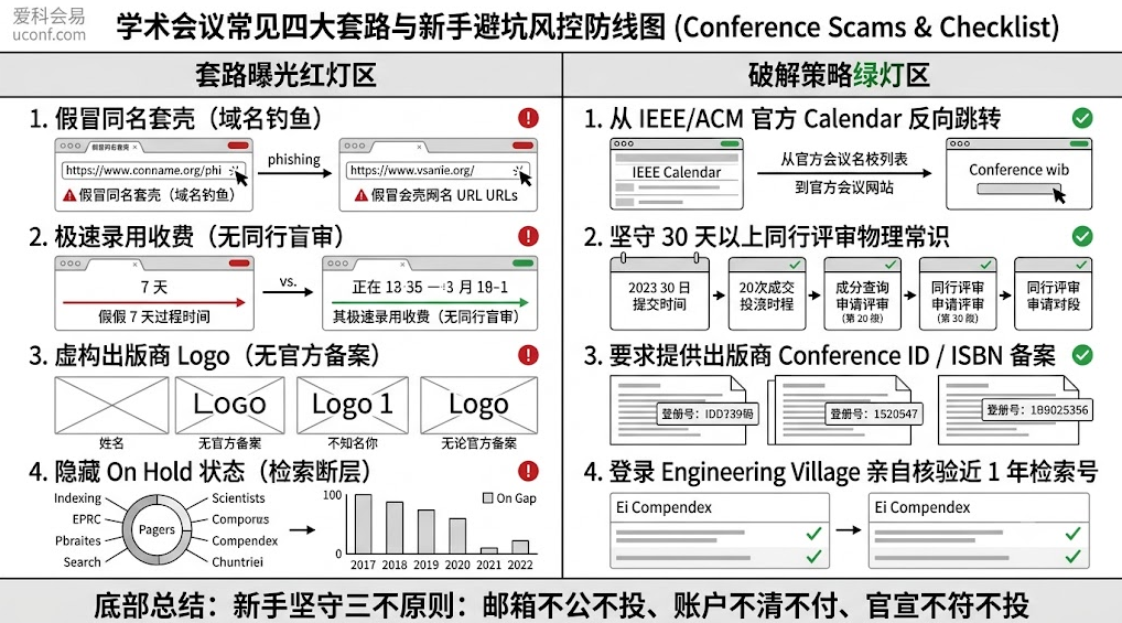 学术会议四大套路曝光与新手避坑指南图:详细拆解了假冒同名套壳、极速录用收费、虚构IEEE赞助以及隐瞒On Hold断流状态的破解策略