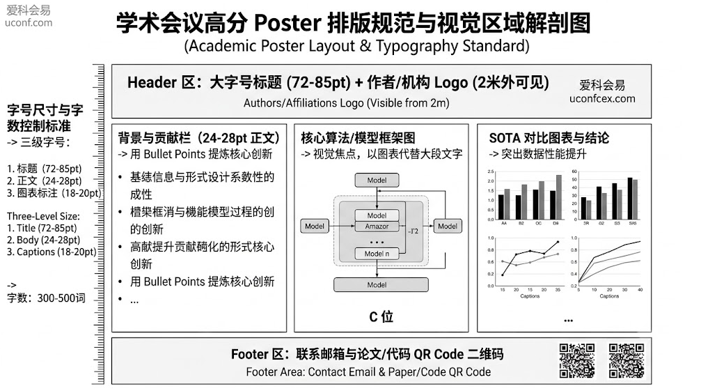 学术会议Poster墙报高分排版解剖图：详细拆解了三栏式视觉模块架构、2米可读字号规范、核心模型图C位摆放以及底部QR Code二维码等制作细节