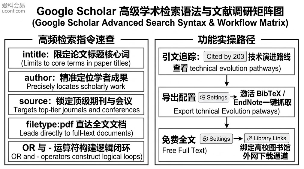 Google Scholar 学术搜索语法与文献检索工作流矩阵图