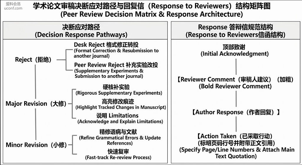 学术论文审稿决断应对路径与回复信结构矩阵图