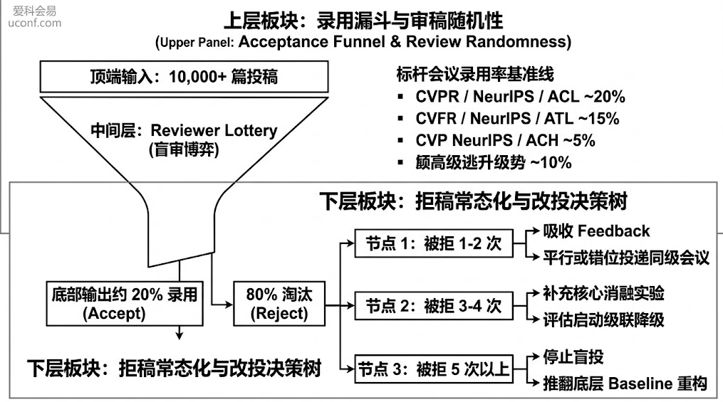 顶级学术会议拒稿漏斗与科学改投决策矩阵图