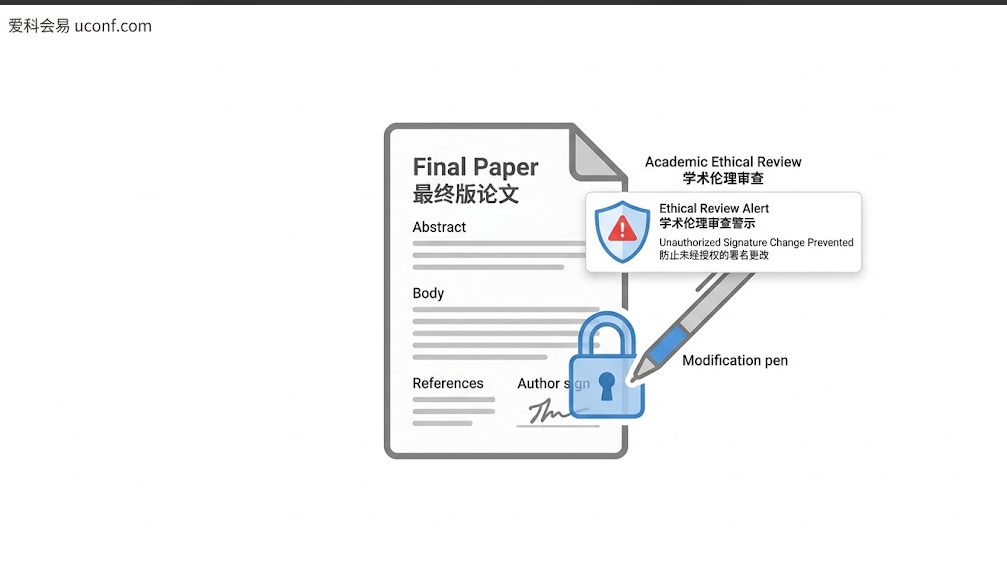 学术论文 Proof 校对阶段修改作者署名风险与学术伦理审查示意图