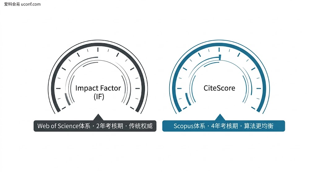学术期刊评价指标 CiteScore 与影响因子 Impact Factor 核心算法与特征对比图