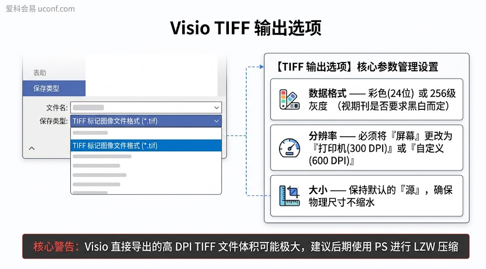 Visio 软件中将流程图另存为 TIFF 格式并设置 600 DPI 分辨率的输出选项面板图解