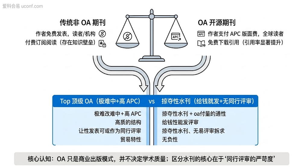 传统订阅期刊与 Open Access (OA) 开源期刊的商业模式对比及 APC 版面费流向图解