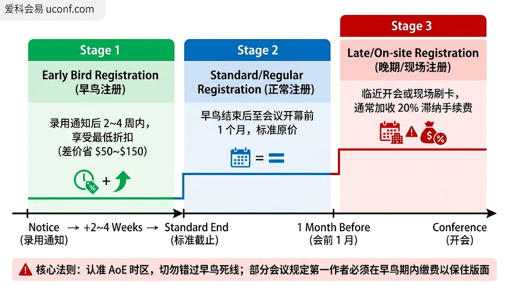 国际学术会议 Early Bird 早鸟价、正常注册与现场注册的时间轴及差价规律阶梯图解