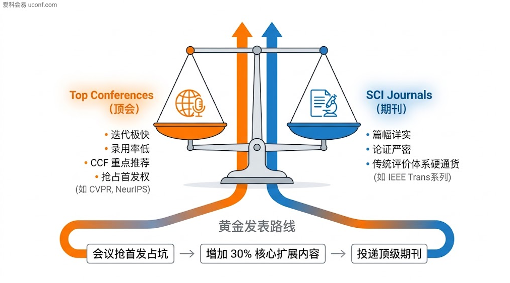 人工智能与机器学习方向国际顶级会议(Top Conferences)与顶级 SCI 期刊(Journals)在学术影响力与评优标准上的对比图解