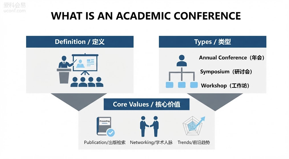 学术会议核心定义、常见层级类型与参会核心价值图解