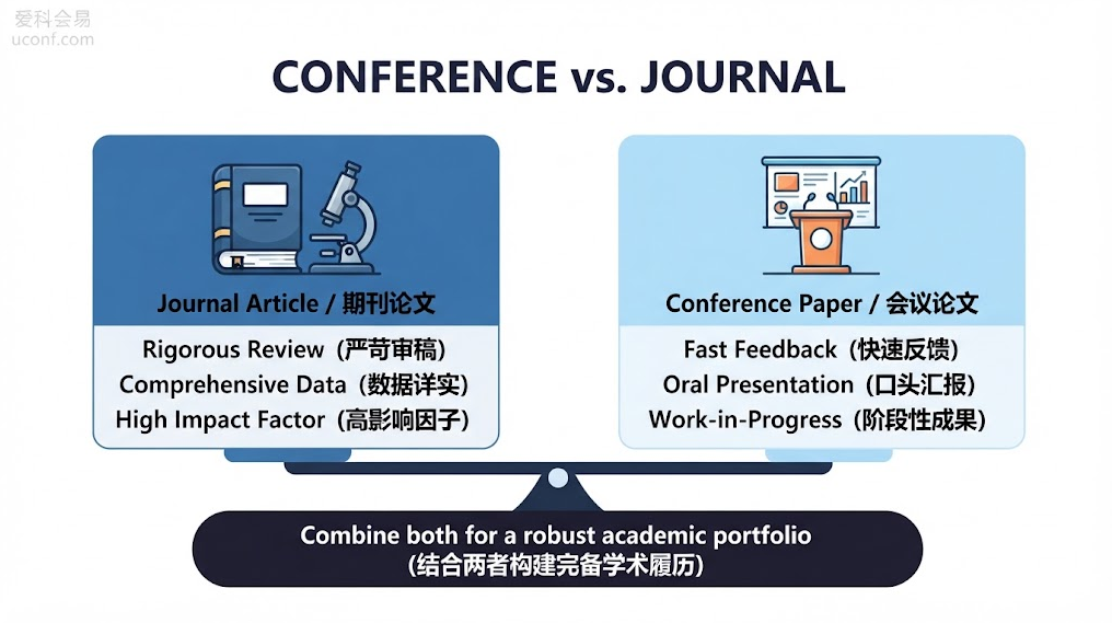 学术会议论文与期刊论文在审稿周期、文章深度及发表认可度上的核心区别对比图