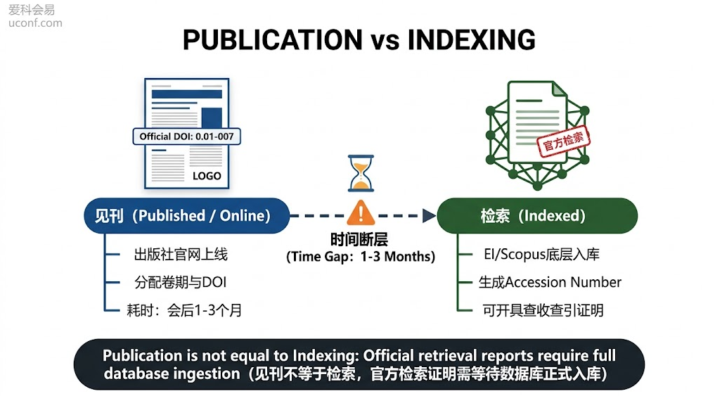 学术会议论文录用后见刊出版与EI/Scopus数据库底层检索收录的区别与时间差对比图