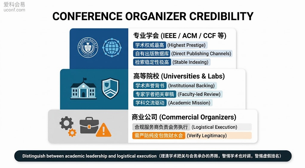 国际学术会议主办方中专业学术学会、高等院校与商业会务公司资质级别与信誉度对比图