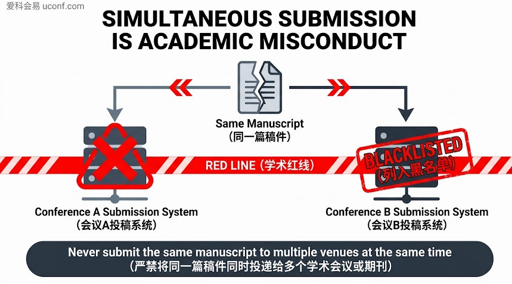 学术会议论文一稿多投触发系统拦截与出版商学术不端黑名单封杀的高压红线警示图