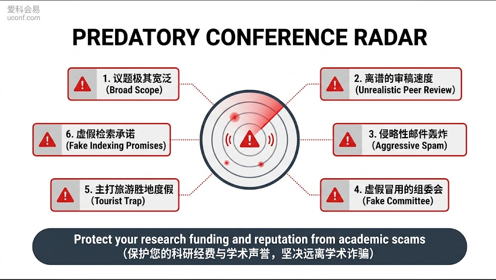 识别与防范学术界掠夺性会议(Predatory Conferences)与假学术会议敛财诈骗的6大核心预警信号图