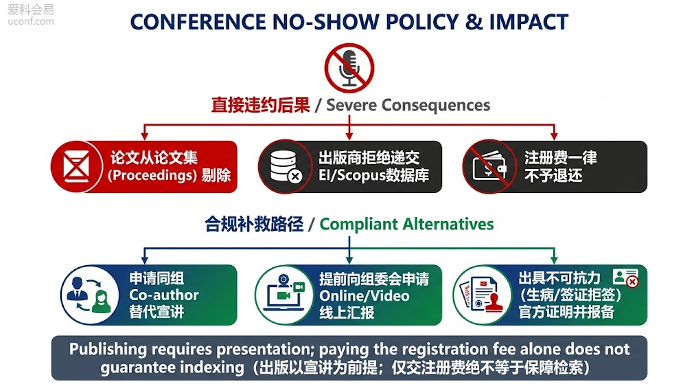国际学术会议录用后不参会作报告(No-Show)对EI检索的直接影响与合规补救措施流程图