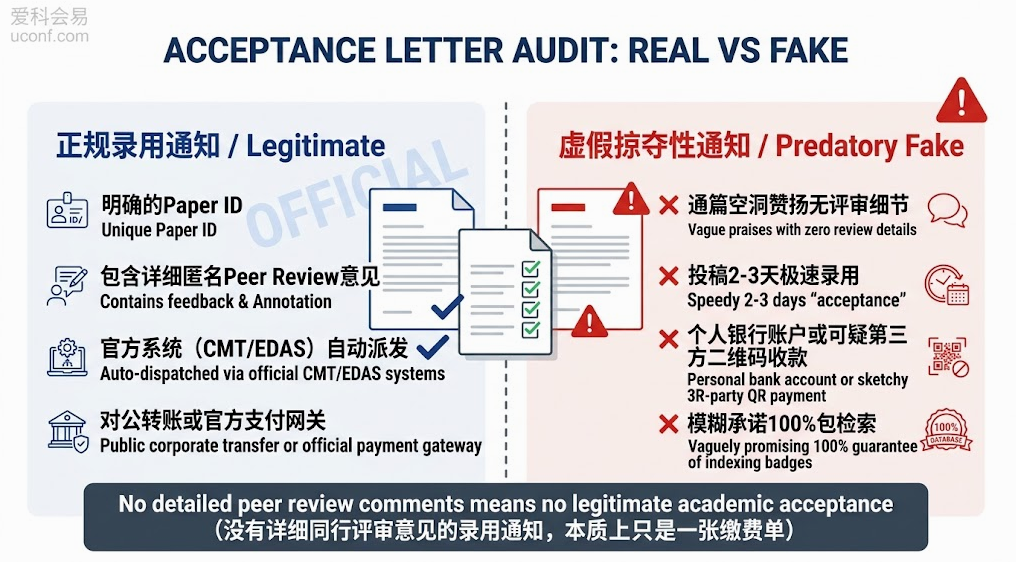 正规国际学术会议录用通知(Acceptance Letter)与虚假掠夺性水会录用函核心要素对比及真伪鉴别图解