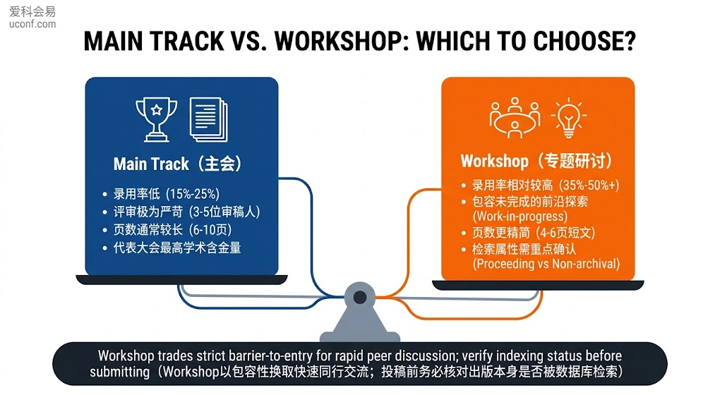 国际学术会议Main Track主会与Workshop专题研讨会在录用率、评审难度、篇幅限制与出版检索上的核心区别对比图