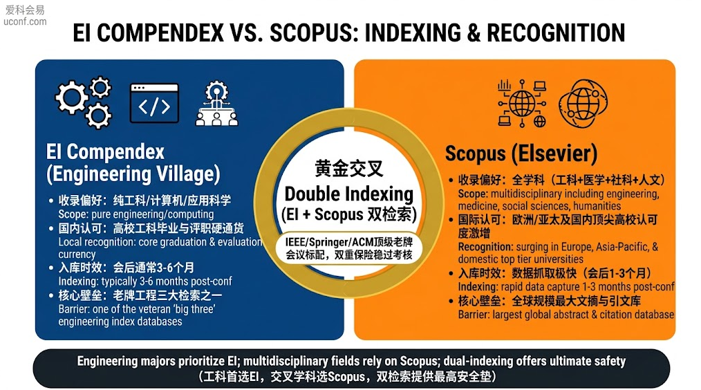 EI Compendex与Scopus数据库学科偏好、检索时效、评审认可度与双检索会议含金量全方位对比图解
