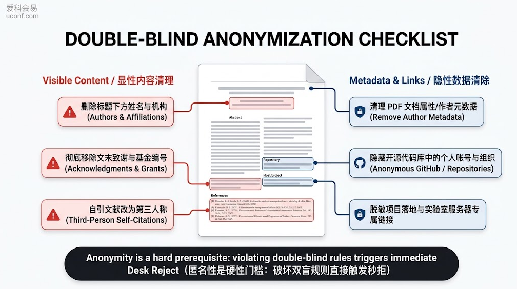 EI国际学术会议Double-Blind双盲审稿规则下论文初稿文字、引用、致谢与PDF元数据匿名脱敏处理技巧图解