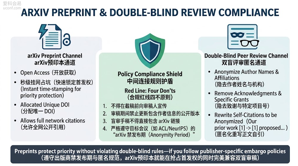 arXiv预印本定义、抢占学术首发权优势及CVPR与NeurIPS等国际会议双盲审稿合规规则对比图解