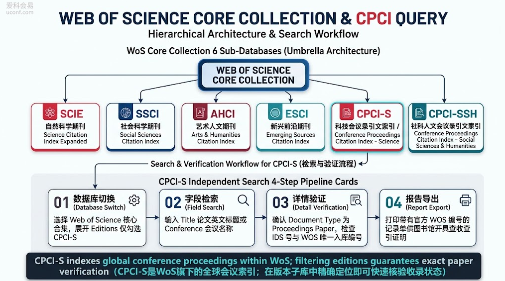 Web of Science核心合集六大子库架构图及CPCI-S原ISTP国际学术会议检索查询四步操作流程