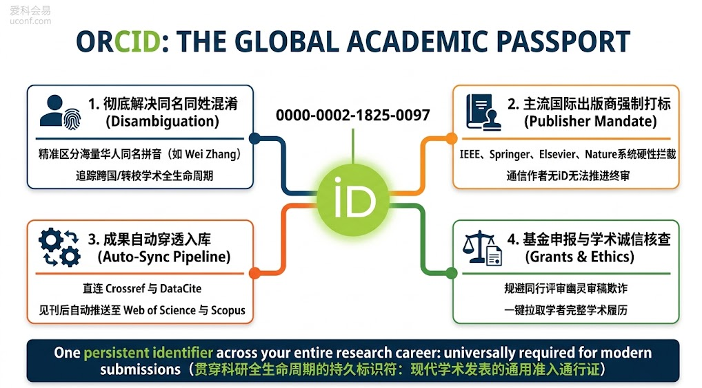 学者国际学术身份证ORCID代码结构、跨出版商生态联动及论文投稿强制绑定必要性图解