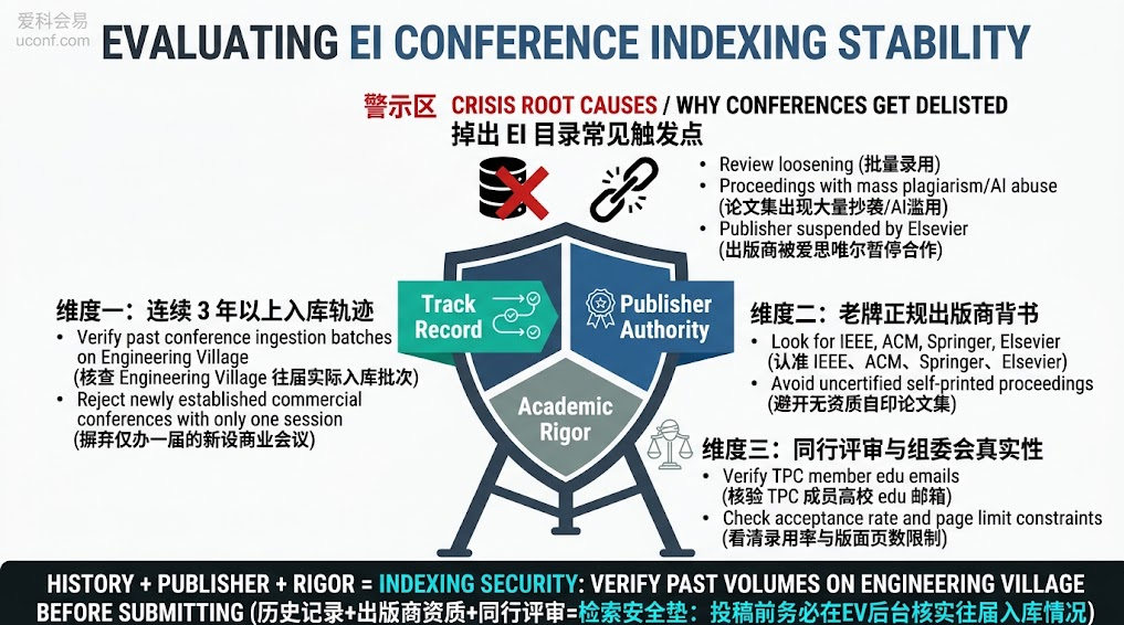 国际学术会议掉出EI Compendex检索目录原因解析与投稿前评估会议检索稳定性三维度风控图解