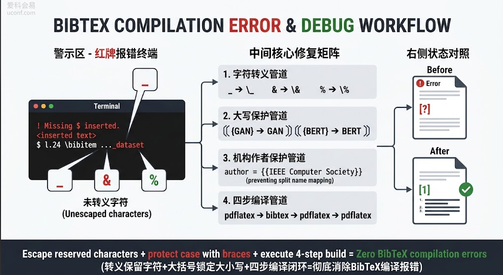 LaTeX排版BibTeX参考文献管理常见报错排查机制、特殊字符转义与四步编译流程图解