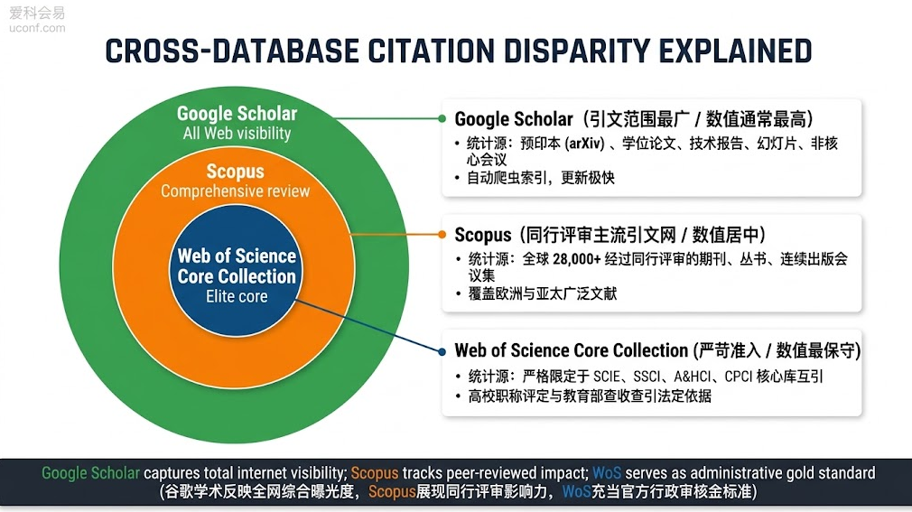 Web of Science、Scopus与Google Scholar谷歌学术三大数据库引用次数统计源、口径差异与官方查询流程图解