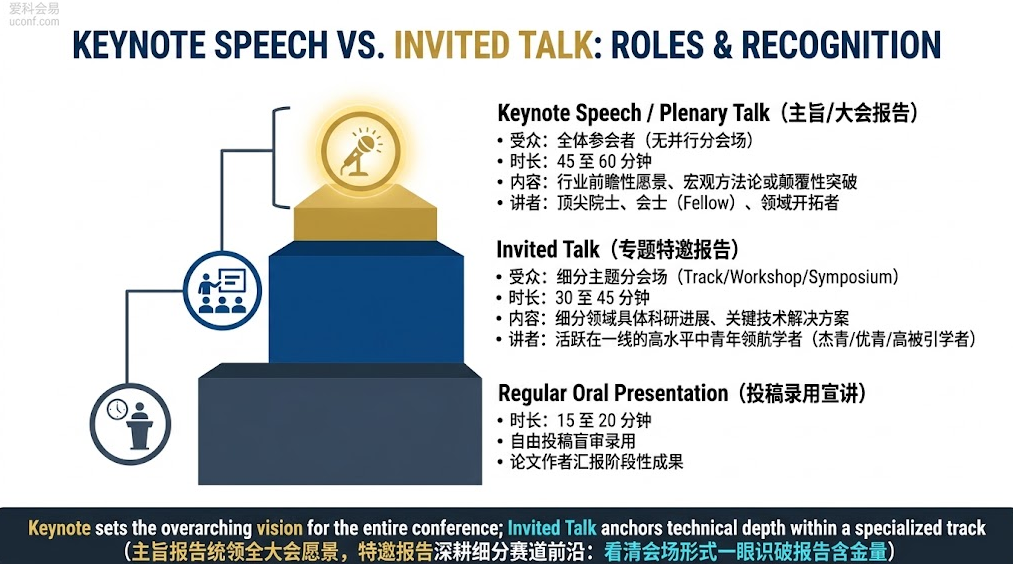 国际学术会议Keynote Speech主旨报告与Invited Talk特邀报告在学术地位、时长、受众及简历认可度对比图解