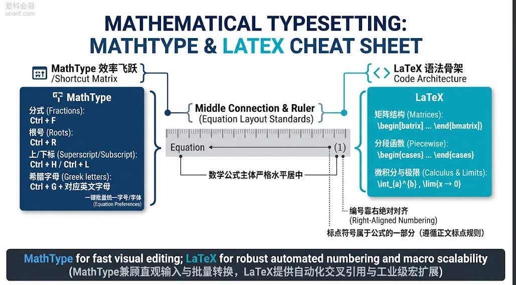 理工科国际会议论文公式编辑排版规范、MathType高频快捷键与LaTeX数学公式语法速查对比图解
