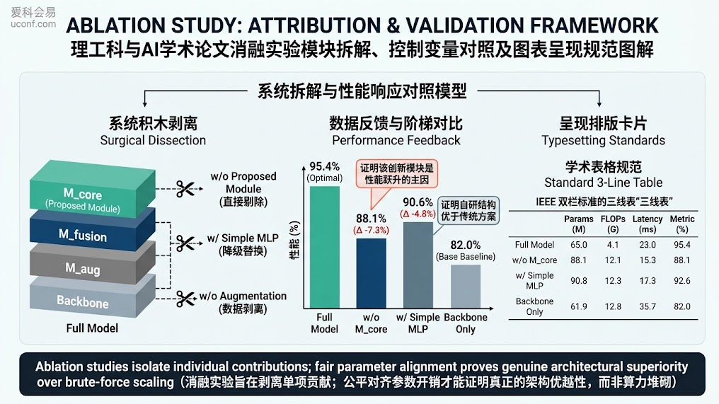理工科与AI学术论文消融实验(Ablation Study)模块拆解设计、控制变量对照及图表呈现规范图解