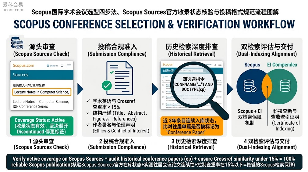 Scopus国际学术会议选型四步法、Scopus Sources官方收录状态核验与投稿格式规范流程图解