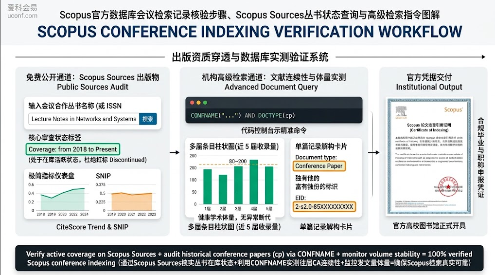 Scopus官方数据库会议检索记录核验步骤、Scopus Sources丛书状态查询与高级检索指令图解